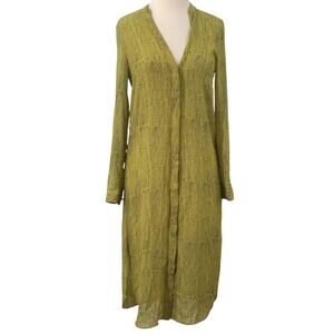 H&M Women's Long Tabbed Sleeve Button Down Tunic/Dress‎ Green/Black Spot Size 4